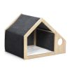 2-In-1 Wood Dog House Indoor;  Cabin Dog Kennel with Cushioned Bed;  Cover Scratcher;  Feeding Bowls;  Pet Habitat for Cats;  Small and Medium Dogs;